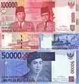 Coupures de 100 000 et 50 000 rupiah représentant respectivement Soekarno et Hatta et Ngurah Rai