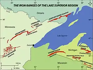 Carte des Iron Ranges, à l'ouest du lac Supérieur.