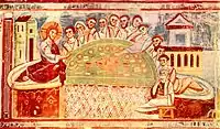 Judas prenant la nourriture ; école de Monte Cassino, c. 1100, Sant'Angelo in Formis, Capua. Avec canapés romains.