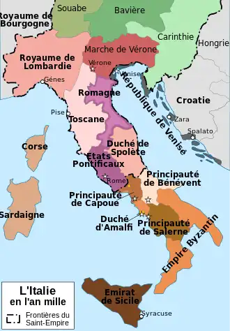 Carte de l'Italie divisée entre différents royaumes