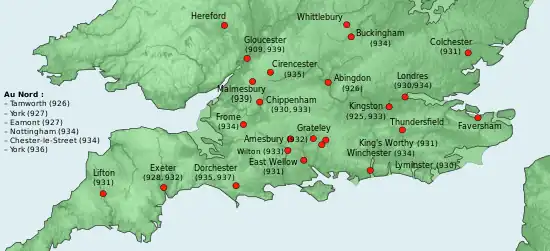 Carte du sud de l'Angleterre indiquant les lieux où est passé Æthelstan