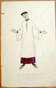 Trois dessins d'Ivan Bilibine pour Le Miracle de Théophile, réalisés à la gouache et au crayon, conservés au Bakhrushin Museum&nbsp;(en) de Moscou.
 
Description des illustrations:
*  À gauche: Costume de scène 1. Scapulaire monastique (22,5 x 11,1 cm).
*  Au centre : Costume de scène 2. Aube de prêtre (22,5 x 14,3 cm).
*  À droite: Décor. Fond de scène.