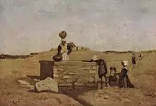 Tableau montrant des femmes en coiffe tirant l’eau d’une fontaine, l’une d’elle portant une cruche sur sa tête.
