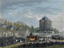 L'arrivée de Louis XVI à Paris, avec le carrosse à cheval du roi entouré par de nombreux soldats devant la barrière du Roule.