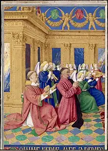 Personnage agenouillé, saint Étienne derrière lui, des anges en arrière-plan, dans une architecture renaissance