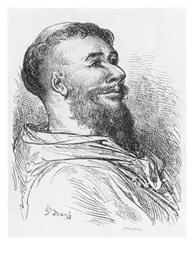 Jean des Entommeures, tel qu'imaginé par Gustave Doré (XIXe siècle). On remarquera l'embonpoint, alors que Rabelais en faisait un homme « maigre »...