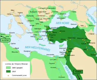 Carte de la Méditerranée orientale avec en vert l'Empire ottoman