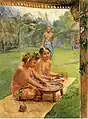 Young Girls Preparing Kava Outside of the Hut whose Posts are Decorated with Flowers, 1891