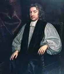 peinture : portrait de John Wilkins ; un homme assis, dans ses habits d’évêque noir et blanc, les manches bouffantes, cheveux gris de chaque côté des joues tobant[Quoi&nbsp;?] jusqu'aux épaules et fines moustaches.
