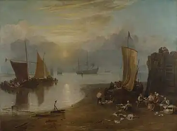 Turner, Soleil levant à travers la brume, les pêcheurs nettoient et vendent le poisson , 1807