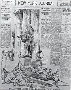 Une caricature en noir et blanc au milieu de textes d'un journal imprimé.