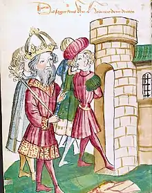 Représentation de personnages entrant dans une prison fortifiée