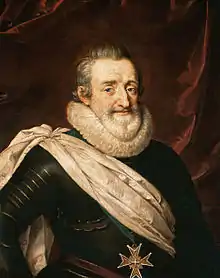 Portrait en buste du roi Henri IV (1553-1610) portant en écharpe la bannière blanche et la croix de l'Ordre du Saint-Esprit. Huile sur toile exécutée par Frans Pourbus le Jeune XVIIe&nbsp;siècle.