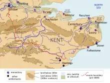 Carte du Kent à l'époque de Wihtred situant les principales localités du royaume.