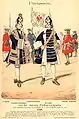 Grenadier-joueur et grenadier de la "weiße Füsilier-Leibgarde" 1708 - Richard Knötel : Uniformenkunde 1890. Volume I, planche 17