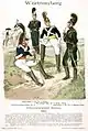 Cavalerie. Debout, de g. à dr. : 4e&nbsp;régiment de chasseurs, 1er&nbsp;régiment de chevau-légers Prinz Adam, 3e&nbsp;régiment de chasseurs Herzog Louis. Assis à g. : 2e&nbsp;régiment de chevau-légers de la Garde. 1812.