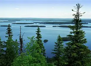 Image d'un paysage composé d'arbres au premier plan et d'un lac parsemé d'ilots au second plan.