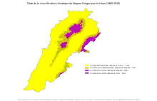 L'ensemble du pays, excepté les zones montagneuses des monts Liban et de l'Anti-Liban, est de climat méditerranéen (Csa), en montant en altitude on rencontre les climats supra-méditerranéen (Csb), puis continental à été tempéré (Dsb) et continental à été froid (Dsc).