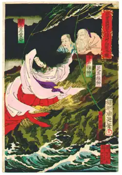 Kushinada-hime avec ses parents durant le combat de Susanoo contre Yamata-no-Orochi, estampe de Toyohara Chikanobu