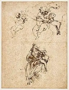 Trois croquis de l’Enfant Jésus qui, assis sur les genoux de la Vierge Marie, embrasse un chat.