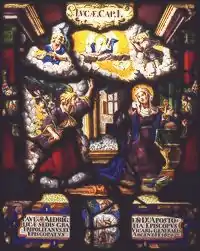 Vitrail montrant un ange portant un lys et s'adressant à Marie.