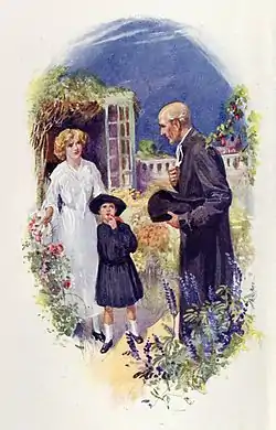 Image en couleurs de forme ovale montrant trois personnes, un homme et un enfant habillés en noir, ainsi qu'une femme habillée en blanc, dans un jardin décoré de fleurs et d'une tonnelle.