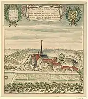 Gravure du dix-huitième siècle montrant une abbaye entourée de champs