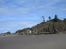 Plage de sable ; en fond, un gros rocher.
