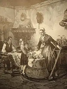 Usage ludique d'une baratte à bascule. Gravure de Corneille Petit, XIXe&nbsp;siècle.