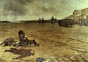 Huile sur toile représentant le général d'Elbée fusillé dans un fauteuil, ainsi que les corps de trois autres condamnés et le peloton d'exécution qui s'éloigne au loin.
