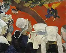 Tableau avec des femmes en noir et en coiffes blanches observant deux personnages en train de lutter à l'arrière-plan sur un fond rouge vif.