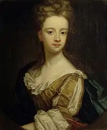 Portrait à l'huile d'une jeune et jolie femme blonde richement vêtue d'une robe décolletée