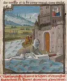 Enluminure du XVe&nbsp;siècle où est montré un chevalier marchant à quatre patte sur une épée géante qui sert de pont pour atteindre un château