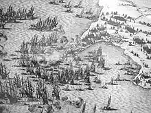 Extrait de la gravure de Jacques Callot datée de 1630, montrant le débarquement anglais de 1627.