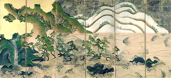 Paysage des quatre saisons. Paravent (gauche) double à 6 feuilles,147.0&nbsp;cm × 313.5&nbsp;cm