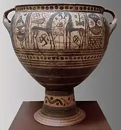 Cratère, céramique peinte avec chevaux et guerriers. VIIIe&nbsp;siècle. Tumulus de Kamilovrysi, Paralimni, Béotie.