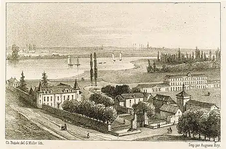 Lithographie en noir et blanc représentant un château et au second plan, un cours d'eau très large.