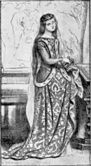 " XIe&nbsp;siècle. La cotte de dessous accuse les formes gracieuses du buste, grâce au « surcot » largement ouvert sur les côtés." Le Corset de toilette au point de vue esthétique et physiologique. Paris: Librairie Médicale et Scientifique.