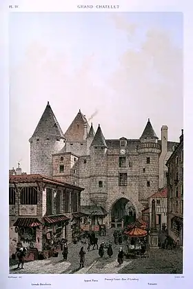 Vue du Grand Châtelet depuis la rue Saint-Denis.