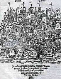 Le « pont couvert » au début du XVIe&nbsp;siècle, dans la Gesta Tholosanorum de Nicolas Bertrand (1515, Archives municipales).