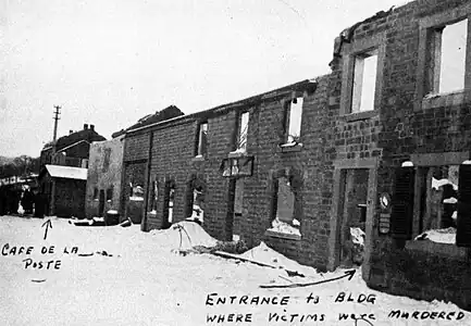 Le Café de la Poste de Bande, l'hôtel de la poste (détruit) et la maison Bertrand (détruite) où furent exécutées les victimes.