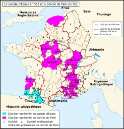 Synode vascon d'Eauze (551) et concile de Paris (552).