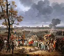 Scène militaire représentant l'évacuation d'une ville par une armée étirée en une large file de soldats serpentant le long d'une route, avec au centre les états-majors des deux armées ennemies discutant de la capitulation.