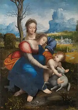 Tableau représentant une femme assise sur les genoux d'une autre qui tend les bras vers un bébé jouant avec agneau (Tableau identique à celui du Louvre).
