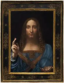 Tableau représentant un homme vu en buste, effectuant un geste de bénédiction de la main droite et un globe dans la gauche.