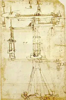 Dessin au crayon représentant une grue et les mécanismes de contrepoids qui l'animent.