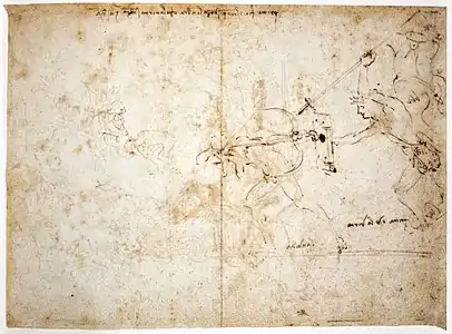 Dessin à la plume représentant des personnages luttant entre elles à l'aide de lances.