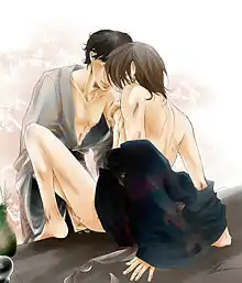 Dessin manga couleur, ou deux hommes à moitié déshabillés se font face à face, l'homme de gauche étant dans une posture dominante par rapport à l'homme de droite.