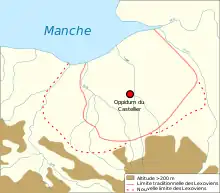 Carte avec relief et cours d'eau montrant les deux limites possibles du territoire des Lexoviens
