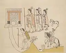 Peinture représentant trois grands guerriers indigènes avec des capes et des cannes suivis par un chien. En dessous et à droite se trouve une petite représentation d'un Espagnol à cheval avec une lance. À gauche, un indigène porte un colis fixé par une sangle autour de son cou et tien une canne. Tous les personnages semblent avancer vers une porte en haut à gauche de l'image.